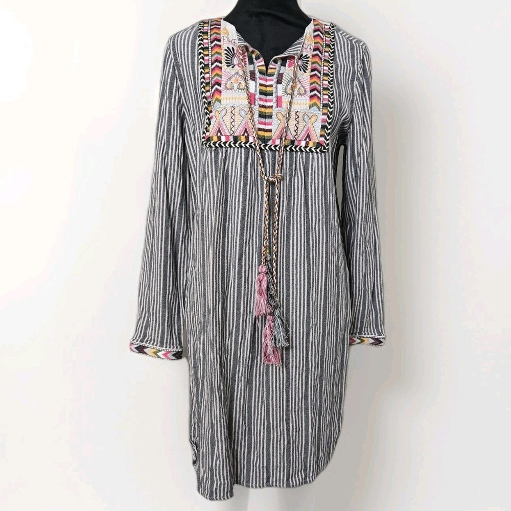 Philosophy Revolve Embroidered Tassel Striped Bohemian Tunic Dress Women's Sz‎ L